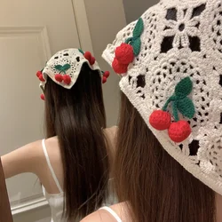 Knitted Triangle Headband Cute Little Cherry French Pastoral Style Headband Towel Handmade Crochet Headscarf Hat Girls