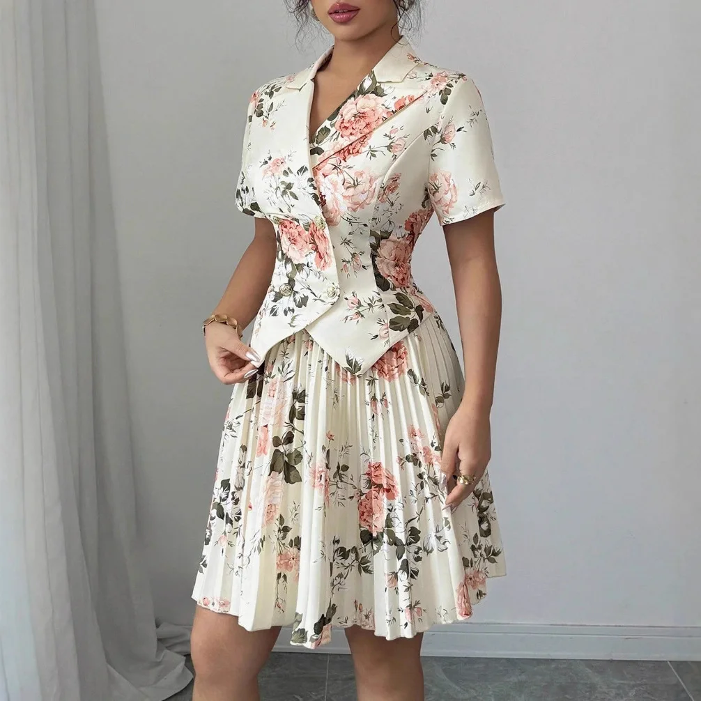 

Women Floral Blazer Outfit Short Sleeve Lapel Pleated Mini Skirt Set Elegant Vintage Rose Print Party Ensemble Dating & Evening