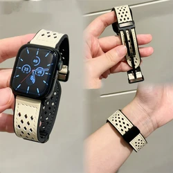 Luxury Leather Breathable Hole Band For Apple Watch 44 40 45 41 49 42 38mm Magnetic Buckle Strap For Ultra Serie 9 8 SE 7 6 5 4