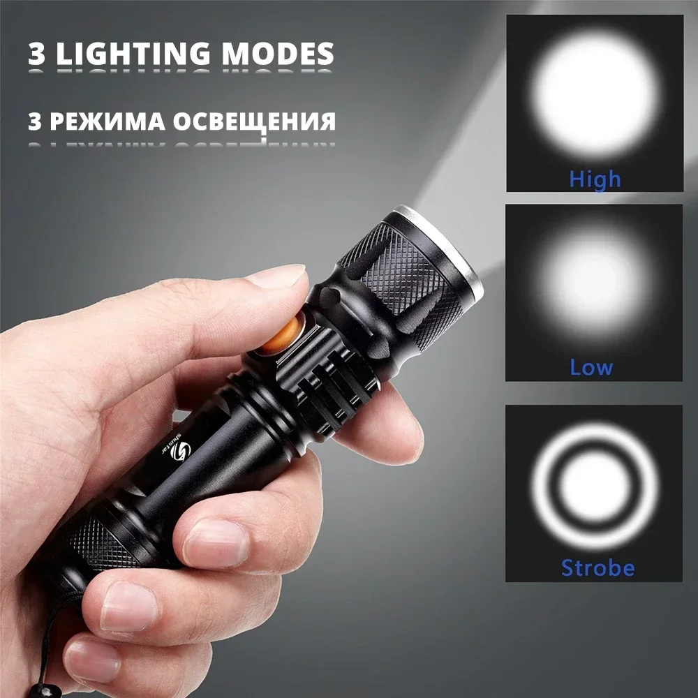 Powerful LED Flashlight With Tail USB Charging Head Zoomable waterproof Torch Portable light 3 Lighting modes Built-in battery