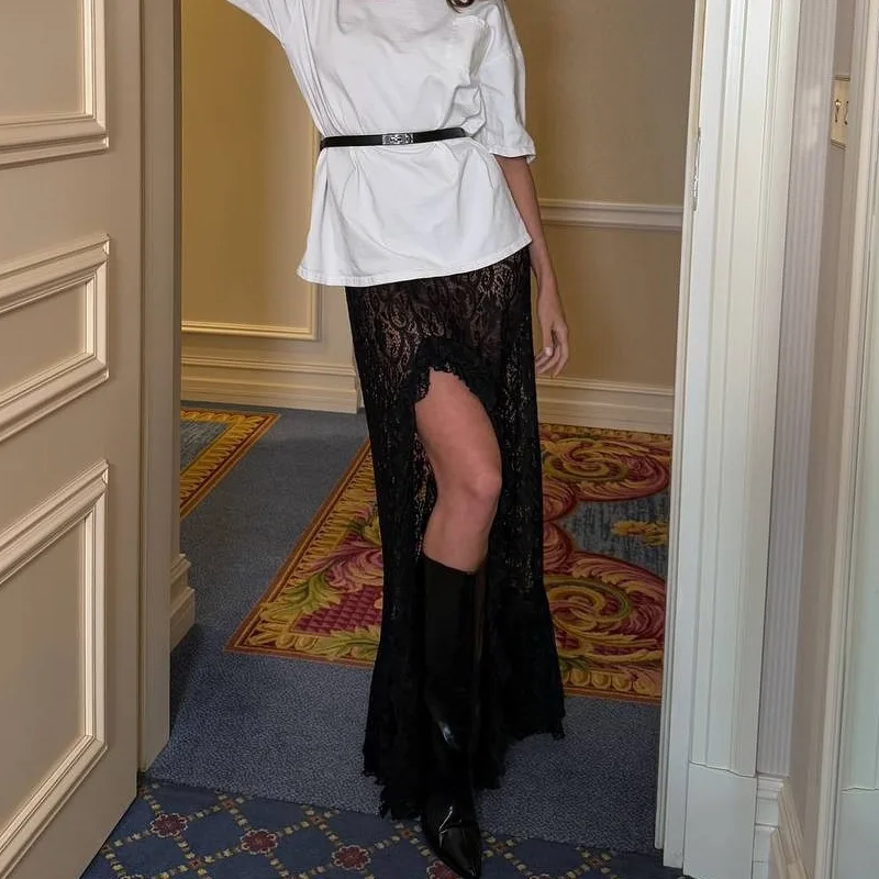 Women's Elegant Asymmetrical Lace Long Skirt with Floral Ruffles Transparent Summer 2025 Stylish Outfit for Holiday with Slit