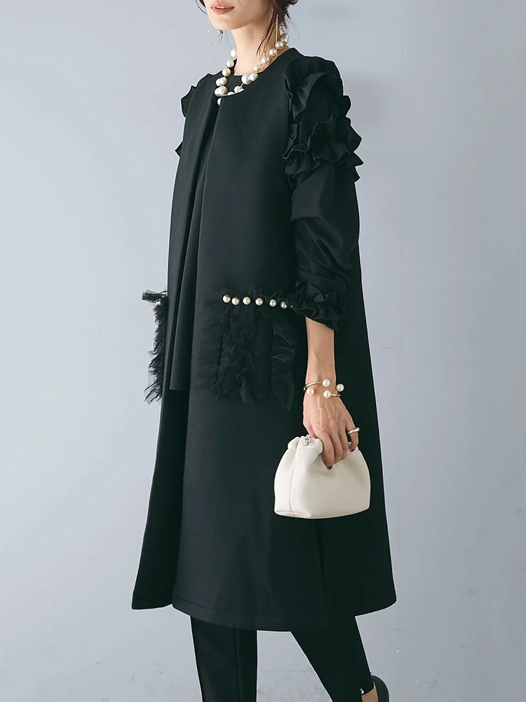 Heavy Industry Beaded Pocket Trench Coat Women 2024 New Autumn Winter Sleeveless Long Waistcot Female Casual Elegant Overcoat