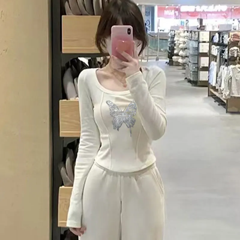 

Футболки с длинными рукавами, женские эстетические хлопковые топы Y2K с открытыми плечами и кружевной отделкой для весенне-осенней повседневной носки