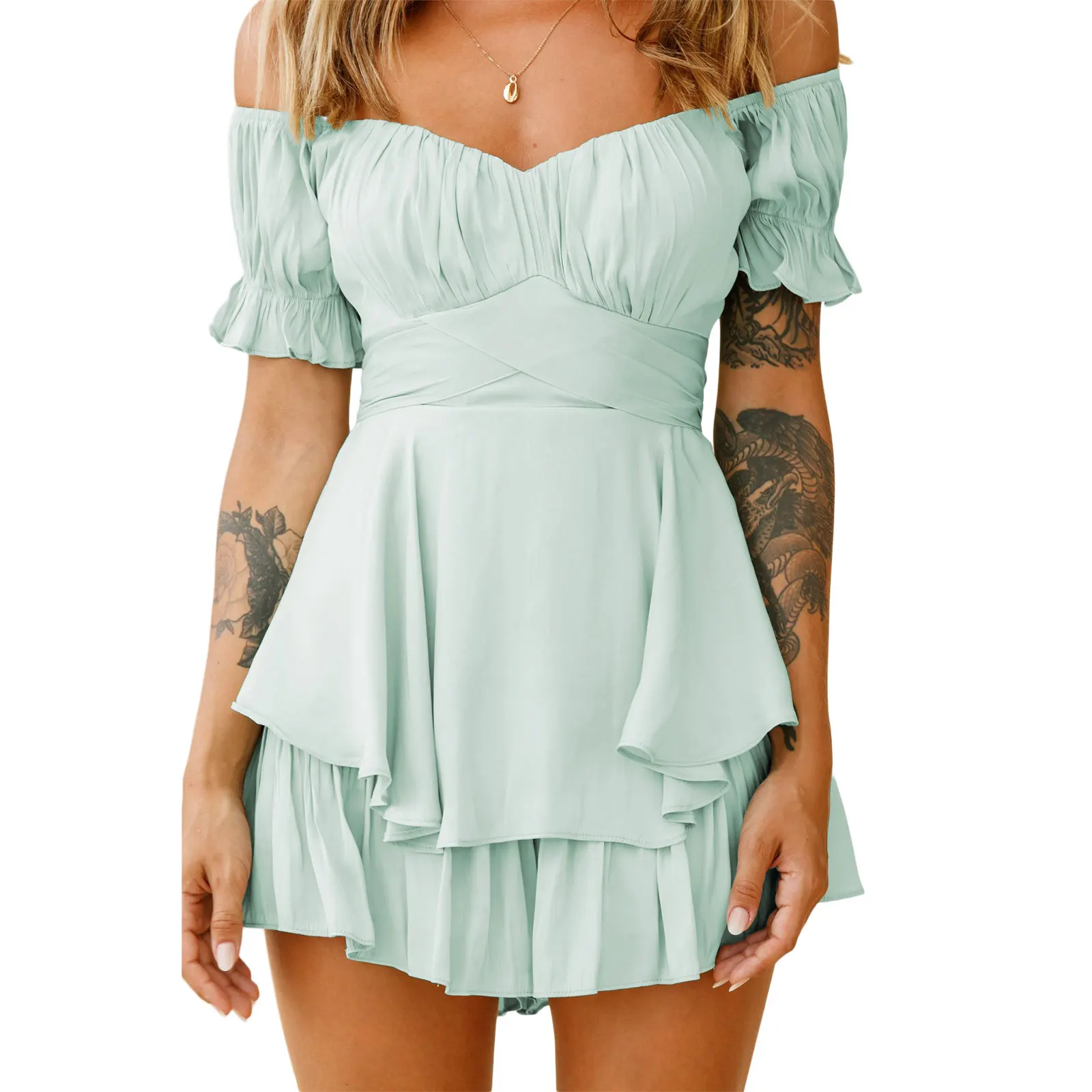 Solid Ruffles Playsuits Women Sexy Off Shoulder Short Sleeve Skinny Zipper Shorts Jumpsuits Female Casual Rompers Overalls