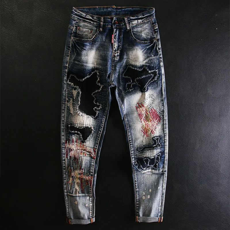 

Ripped Patch Embroidered Jeans for Men Slim Fit Stretch High Street Fashion Personality Versatile High-end Trendy Stylish Pants