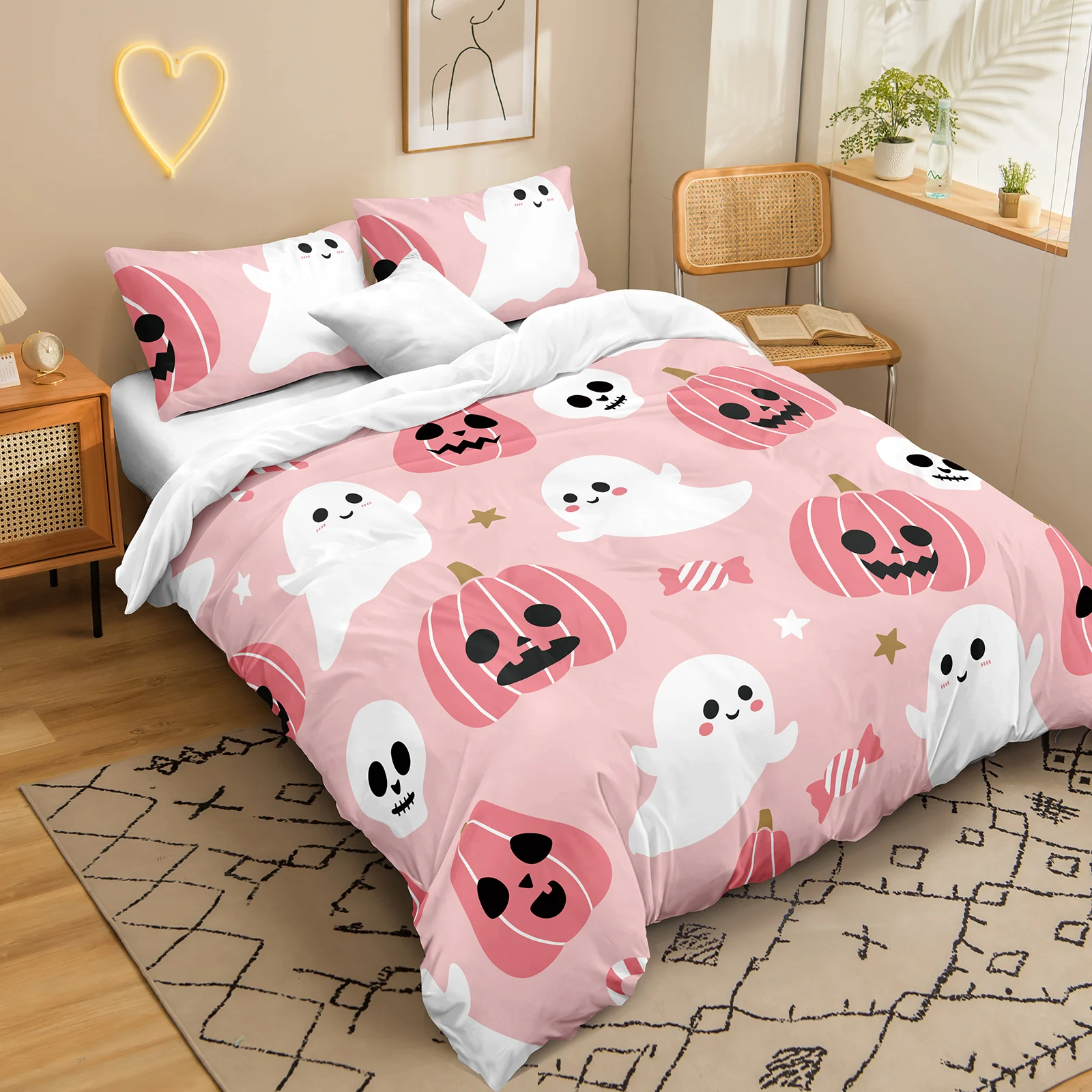 Pink Halloween Bedding Set Pink Girls Pumpkin Duvet Cover Set Funny Halloween Ghost Duvet Cover Set Cute Halloween Bedding