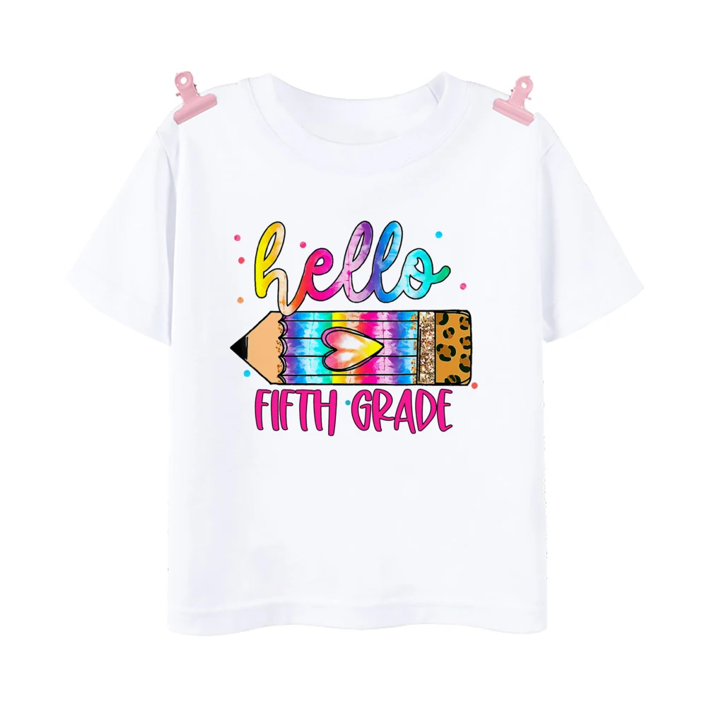 Hello First Grade Leopard Printed Kids Shirt 1-5 Grade Child Back To School Outfit  T-shirt Boys Girls Short Sleeve Tee Clothes