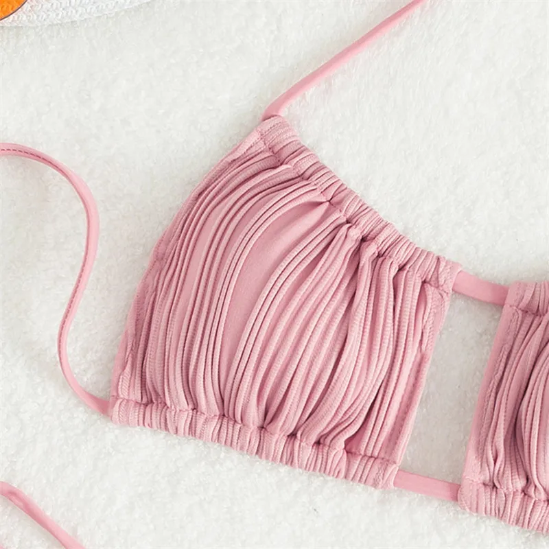 Bikini Set Sexy Pink Micro Halter Mini Thong Swimsuits Wrinkled Swimwear Women String Lace-up Bathing Suit Biquinis Bikini Swim