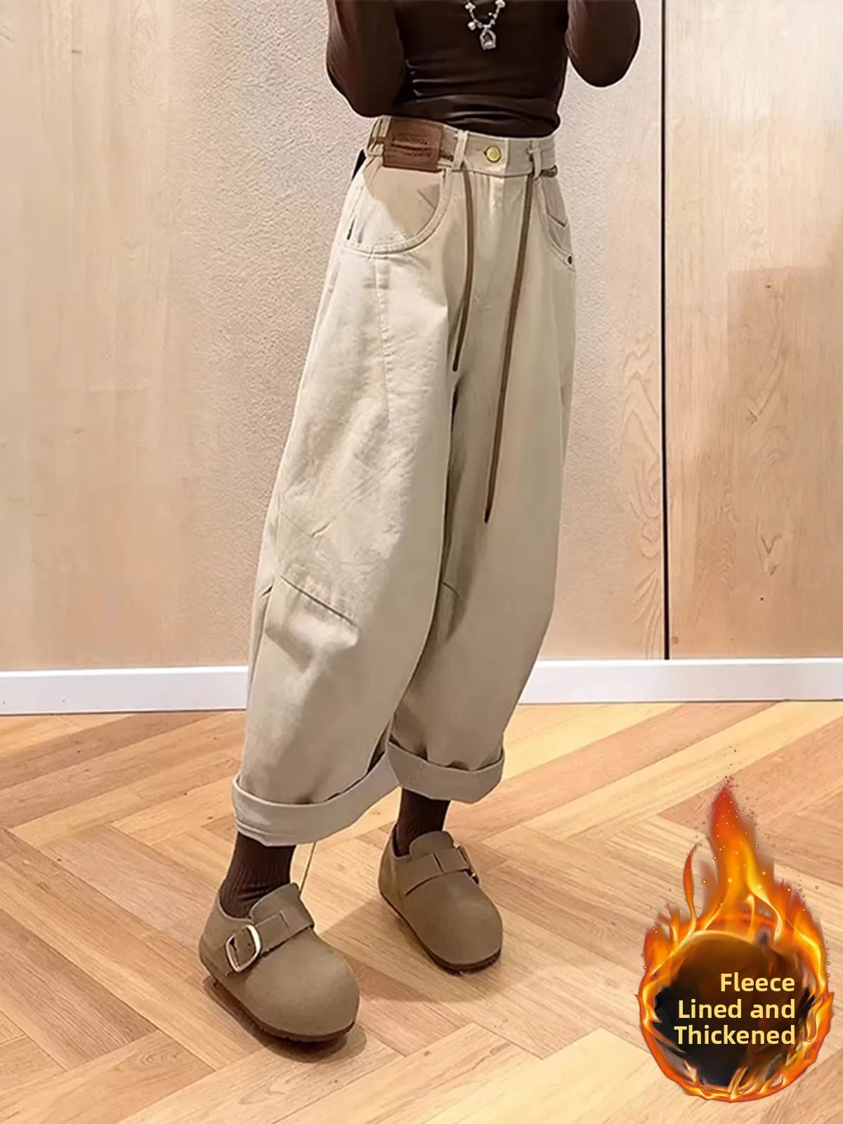 

Зимние утепленные джинсы с высокой талией и широкими штанинами для женщин, универсальные, стройнящие, свободные, укороченные, из денима, маленьких размеров