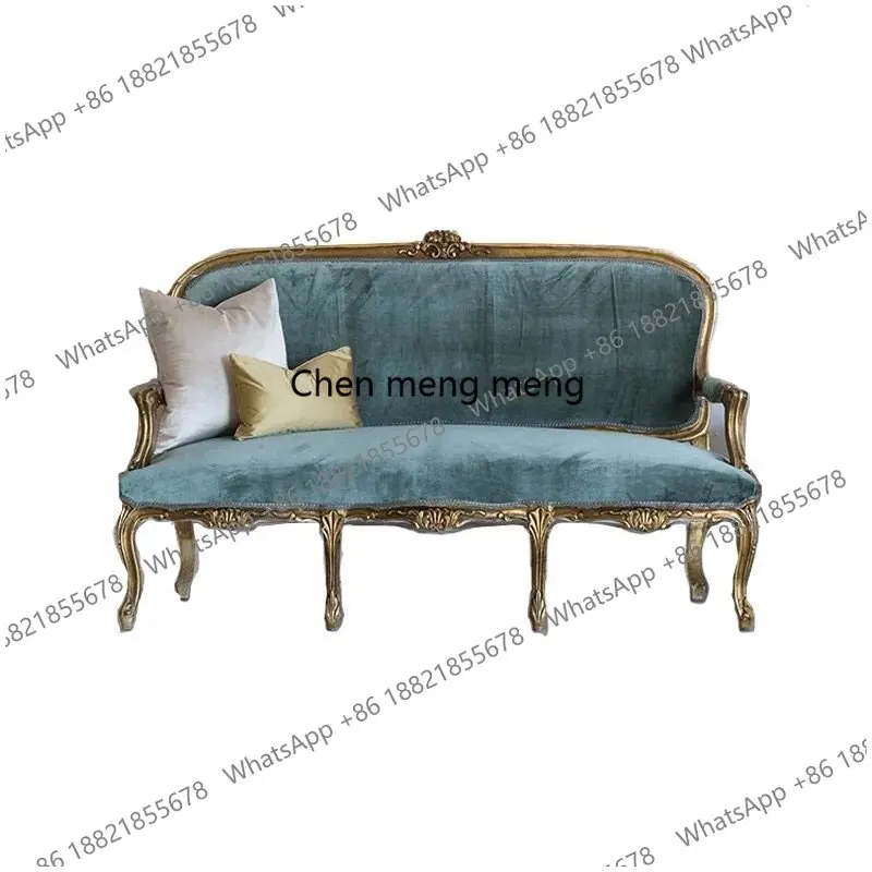 American retro solid wood carving flower British living room single sofa French villa balcony golden sofa view 4