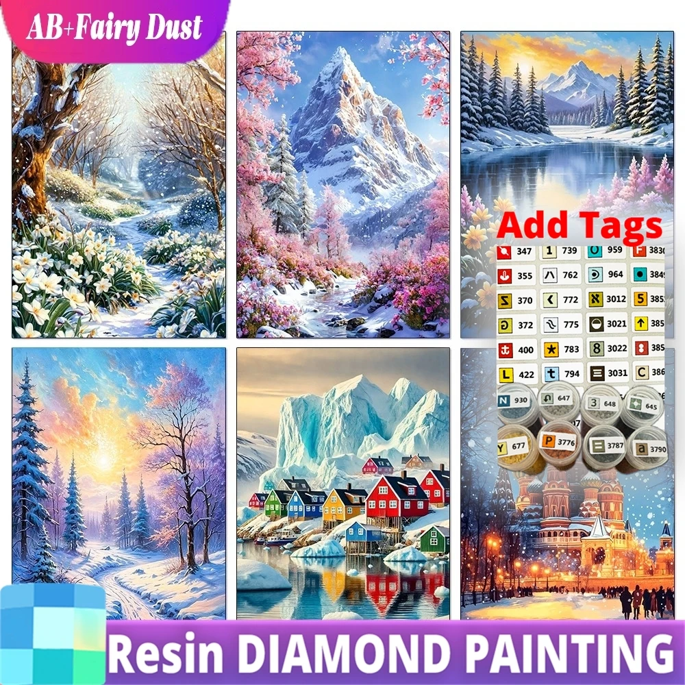 

Алмазная мозаика AB Fairy Dust Resin: Зимняя снежная сцена, пейзаж снежных гор и леса, полная алмазная вышивка, вышивка крестом, Рождество