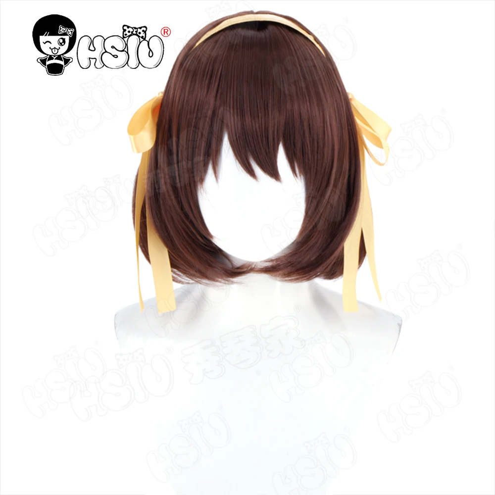 涼宮ハルヒコスプレウィッグ HSIU 35 センチメートルダークブラウンショートヘア髪耐熱ウィッグ + ウィッグキャップアニメ涼宮ハルヒコスプレウィッグ