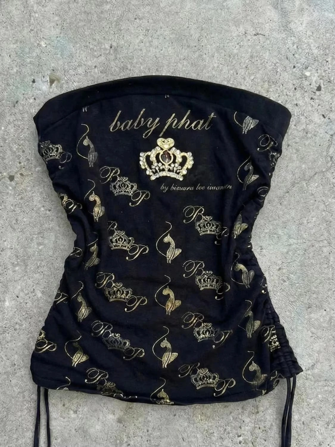 Crown Print Drawstring Waist Cinching Women's Tank Top American Y2K Millennium Hot Girl Style Black Bottom Gilded Strapless Vest