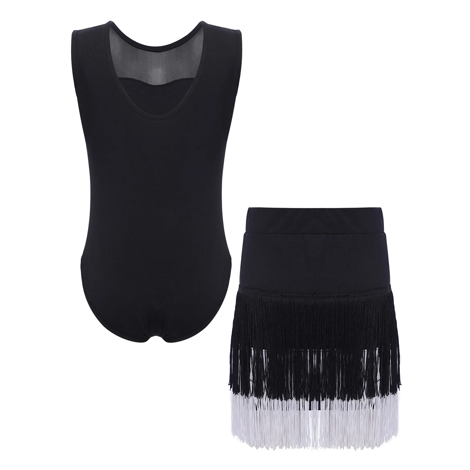 Crianças meninas traje de dança latina sem mangas pura malha retalhos botões imprensa virilha collant + saia borla samba tango dancewear