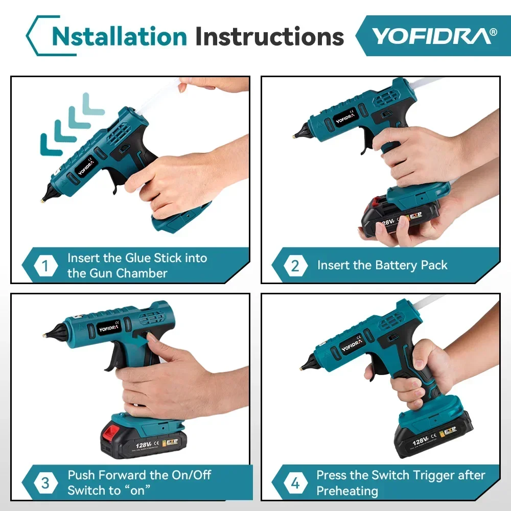 Yofidra 100W 260° High Temperature Hot Glue Gun for Arts&DIY Heat Repair Tool Electric Hot Melt Glue Gun For makita 18V Battery