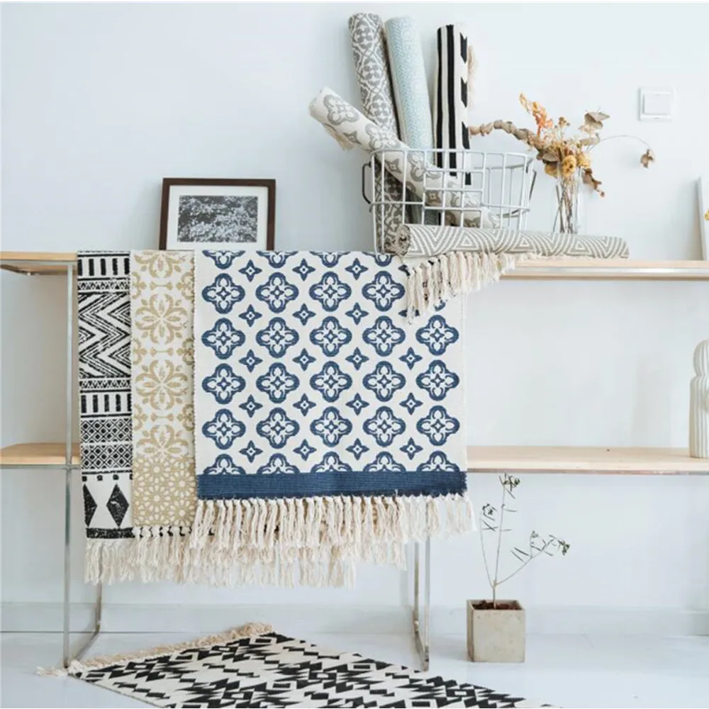 Nordic Cotton Linen Bedside Carpet Geometric Woven Mat Bathroom Living Room Carpets Hand Made Indian Rug Bohemia Printing Mat view 2