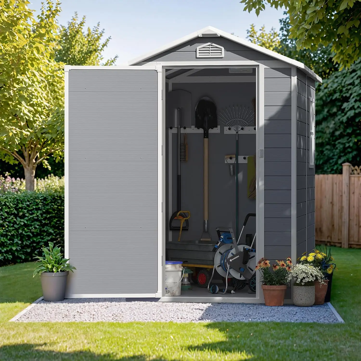 Greesum 6X4Ft Resin Outdoor Storage Shed, All Weather Tool Room With Floor, Perfect For Storing Lawn Mowers, Garden Tools,