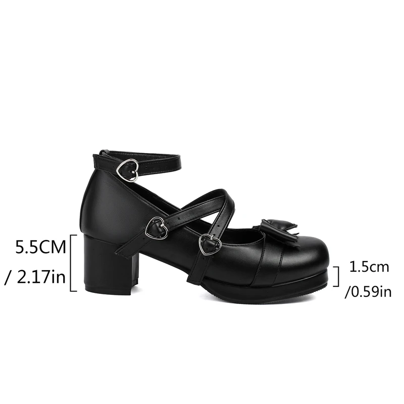 Plus Size 34-48 scarpe da donna Lolita Cosplay ragazze Sweet Bows piattaforma con fibbia a forma di cuore cinturino incrociato tacco largo Mary Jane