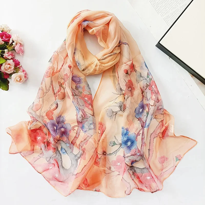 Elegant Plum Blossom Printed Hijab Bandana Georgette Shawl For Woman Fashion Beach Long Scarf Ladies Flower Sunscreen Headscarf