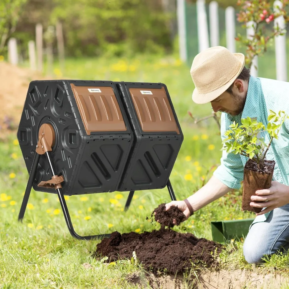 

Dual Chamber Compost Tumbler Bin, Outdoor Tumbling Composter with 24 Ventilation Openings and Steel Legs, 34.5, Customized
