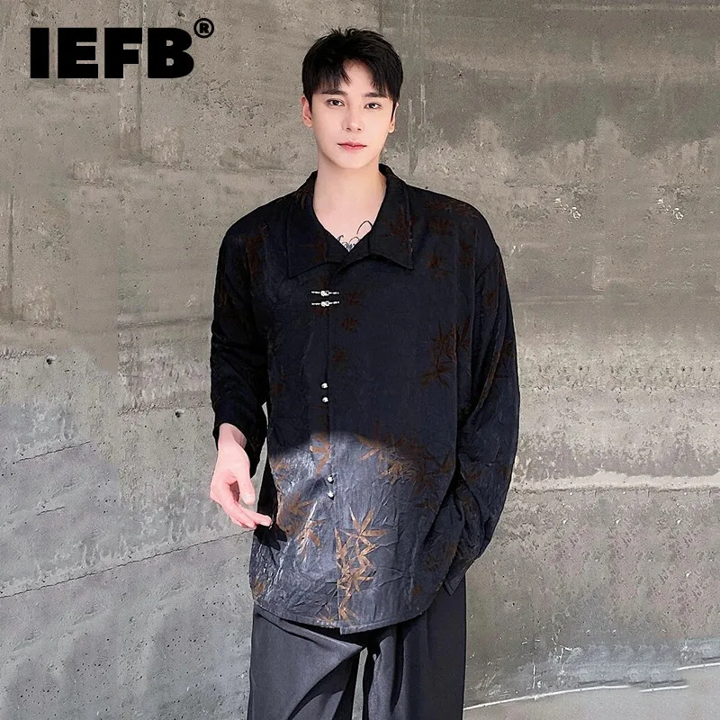 

IEFB New Chinese Style Shirt Stand Collar Long Sleeve Men's Clothing Fold Single Breasted Printing 2024 Summer Trend 9C5401