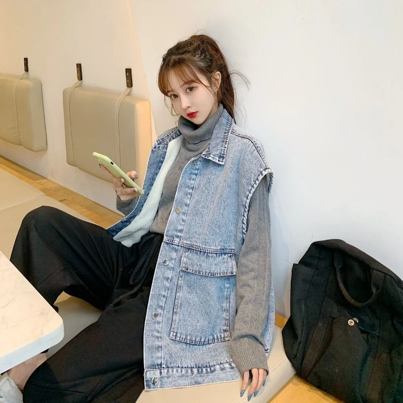 

Женский свободный джинсовый жилет на флисовой подкладке, корейский стиль, утепленный теплый повседневный универсальный верхний костюм на осень-зиму