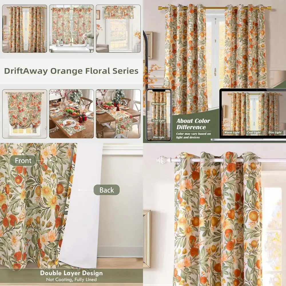 

Винтажные осенние льняные шторы с цветочным принтом, двухслойная изоляция, верх 90 люверсов, оранжевое коралловое золото для гостиной