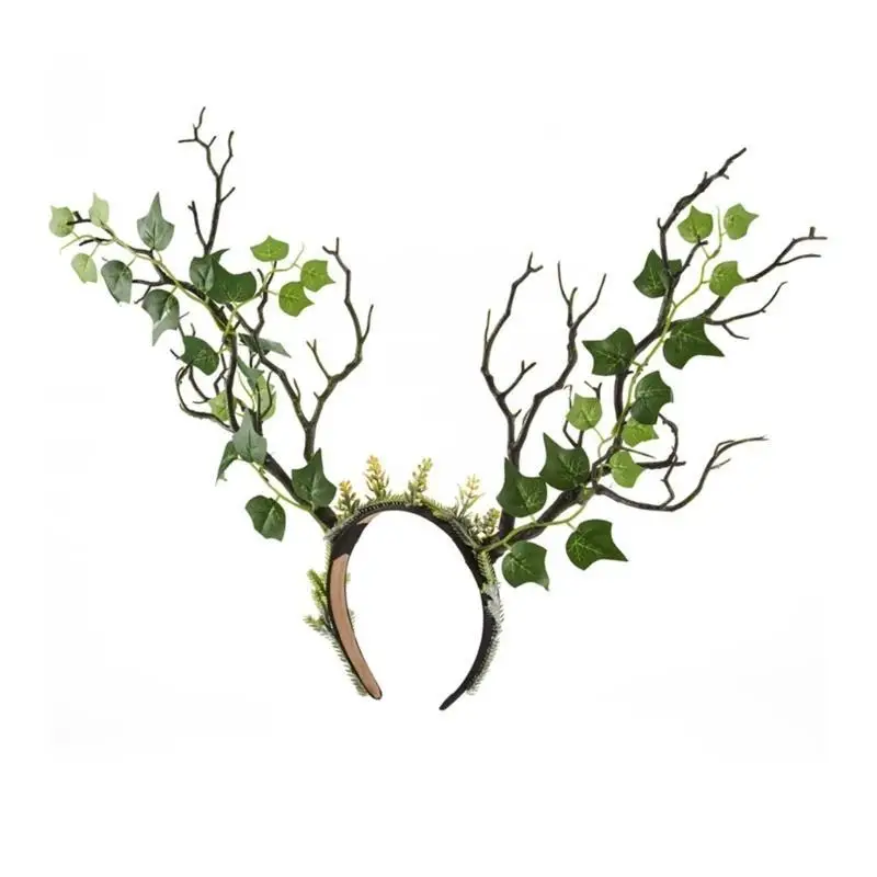 

39BD повязка на голову с натуральной веткой, головной убор с рогами и листьями, украшение для волос для косплея для женщин