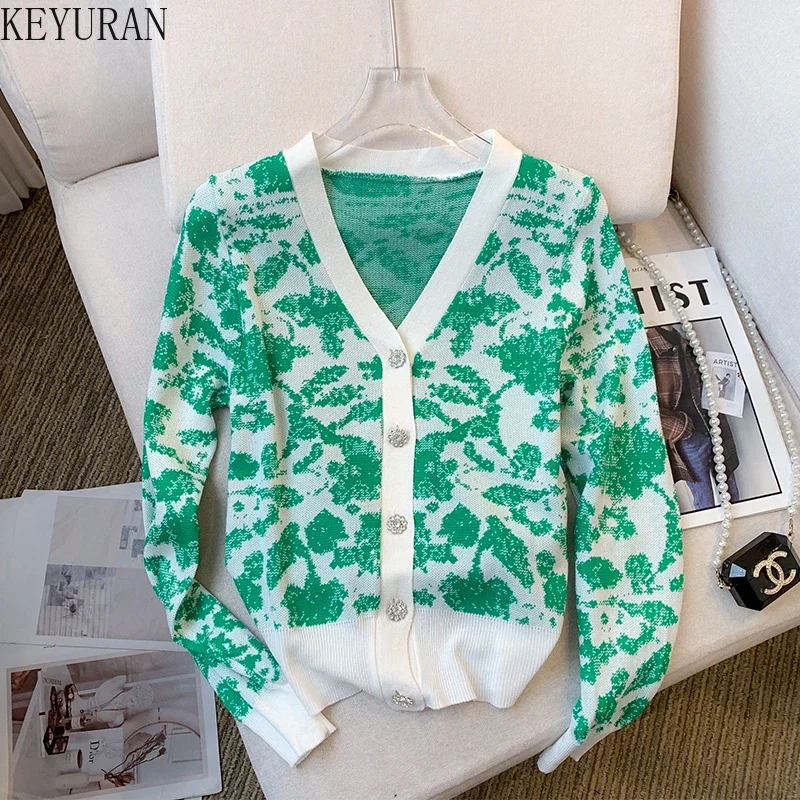 2024 Autumn New Korean Chic Knitted Cardigan Women Vintage Jacquard V-neck Long Sleeve Sweater Mujer Knitwear Crop Tops Jumper