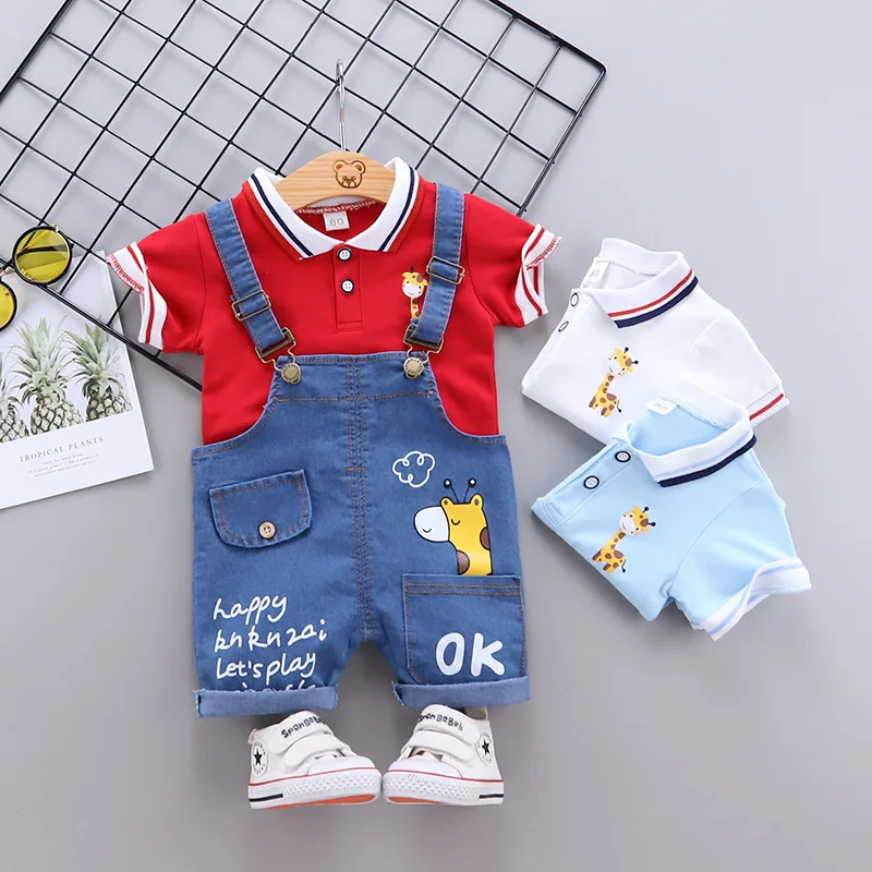 Stylish Boy Suspender Pants Two-Piece Set Toddler Casual Shirt with Suspender Jeans Set Baby Cartoon Shorts Short Sleeve Set