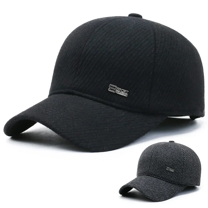 

Winter Striped Cotton Cap Twill Woolen Cap Outdoor Warm Fleece Ear Protector Hat Middle-aged Men's Baseball Cap