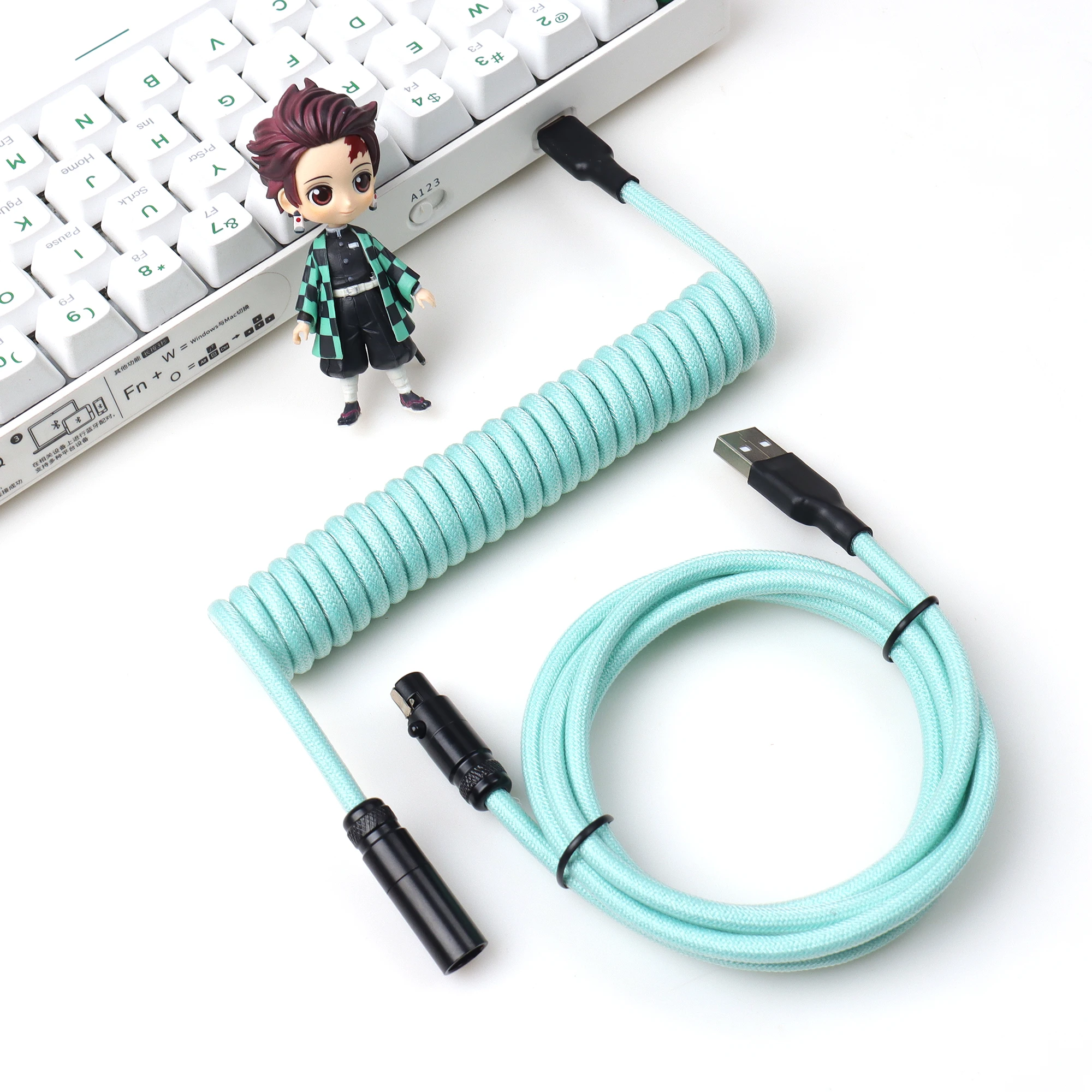 【 LANO 】White USB to Type-C Coiled Cable Keyboard Mini XLR Detachable Metal Aviator Double Sleeved Wire  for Mechanical Keyboard