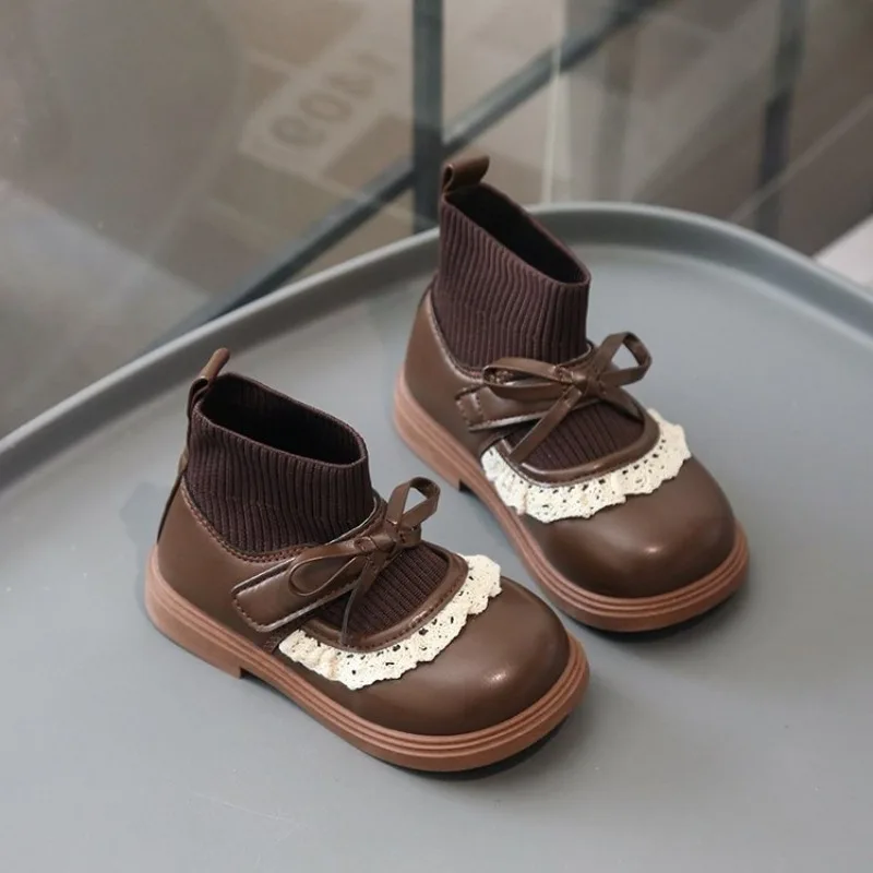Girl's Short Boots Ankle-High Beading Autumn Fly-Woven Kids Sock Boot Wedges Flexiable Sweet Slip-on Toddler Children Boot 21-31