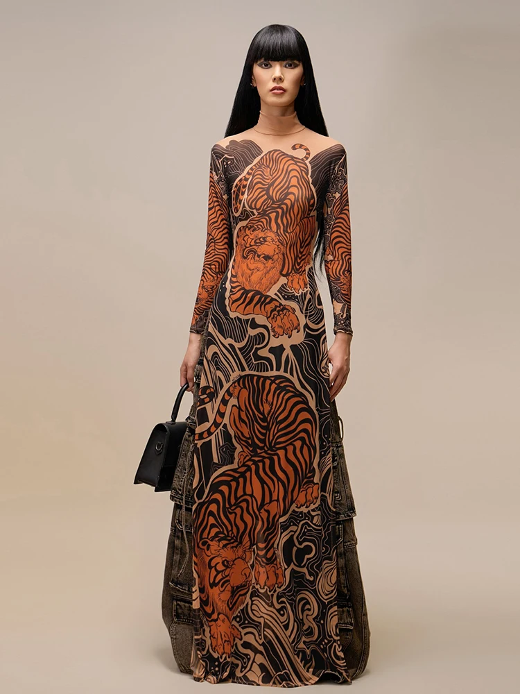 Kliou Vintage Folk พิมพ์ผู้หญิง Maxi เสื้อยืดแฟชั่นน่าสนใจแขนยาวแยกเสื้อยาวหญิงฤดูใบไม้ผลิใหม่ Tees