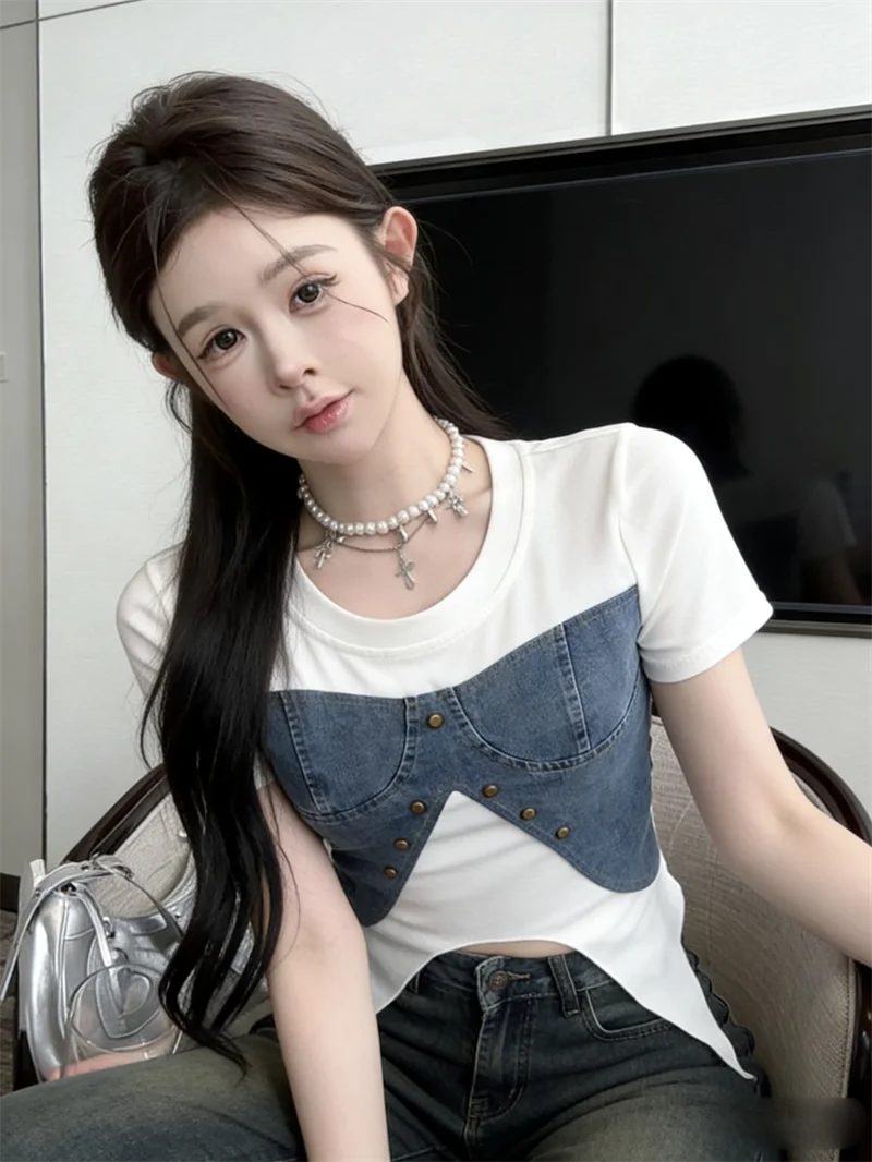 

Chic Korean Style round Neck Splice Denim Short Sleeve Slim Fit Summer T-Shirt Asymmetrical Short Length Fake Two-Piece Top