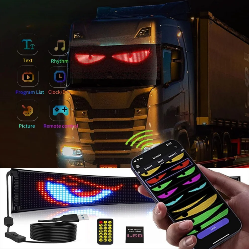 USB Dynamic Devil's Eye Truck Windshield Scrolling Advertising LED Car Sign RGB DIY App Control LED Panel Flexible Display Light