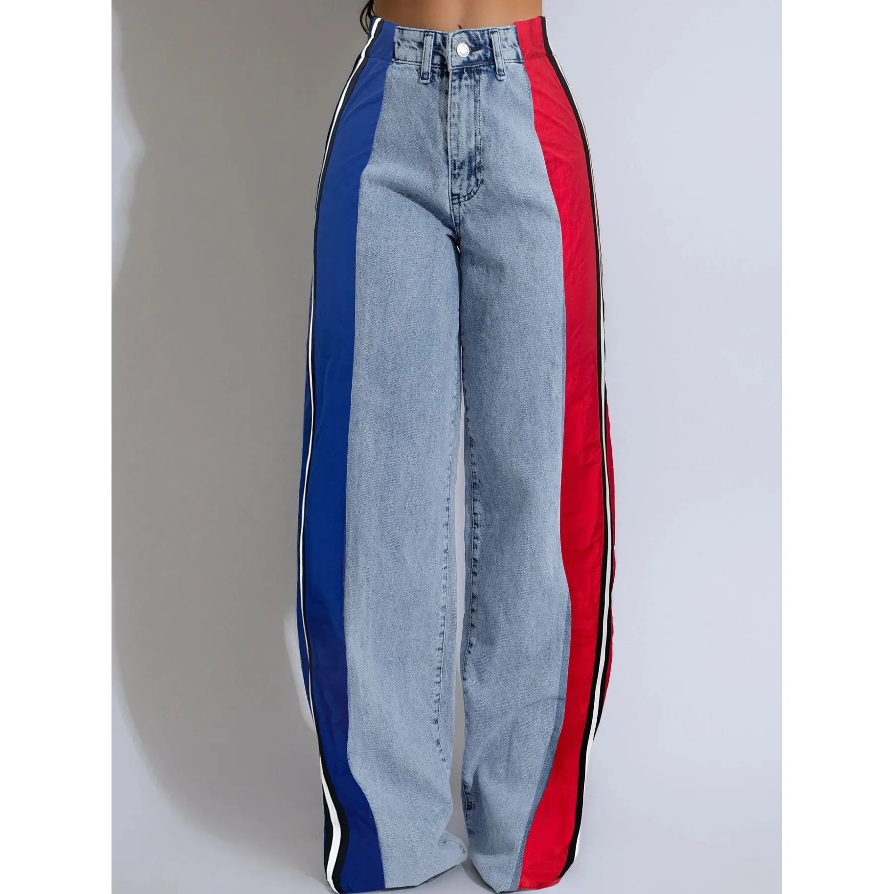 

Women's Patchwork Spliced Denim Pants Straight Mom Long B Trousers Ladies' Stretchy Winter Fashion PU Fabric
