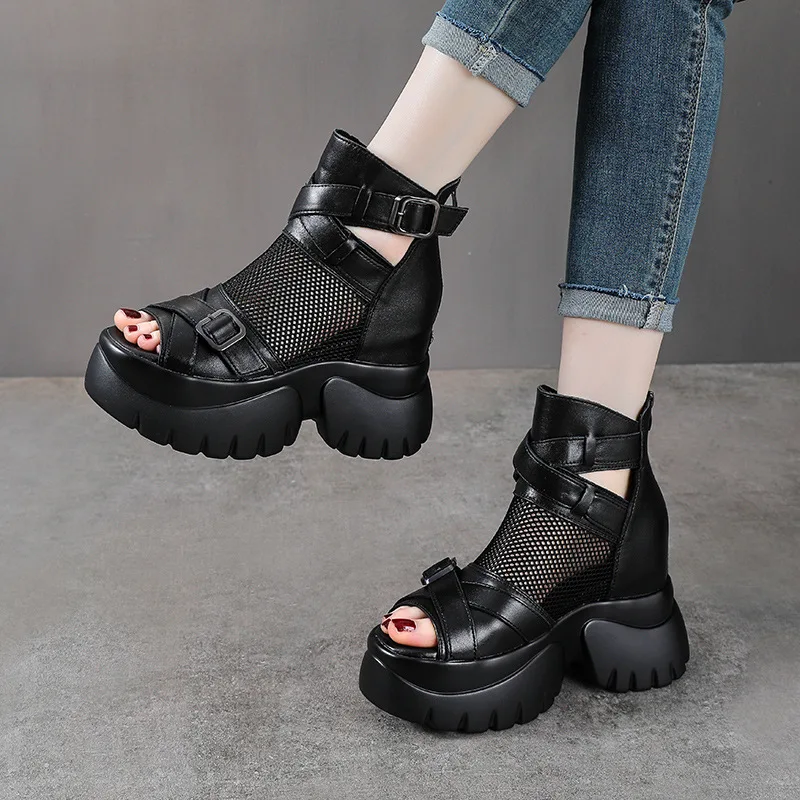 Koznoy 7cm Air Mesh Genuine Leather Knee High Fashion Summer Ankle Boots Women Hollow Lady Chimney Sandals Ankle Booties Shoes