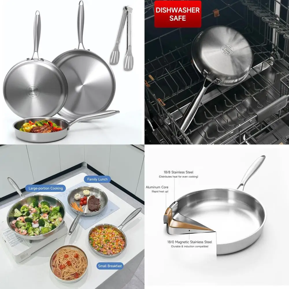 

8, 10, 12 Tri-Ply Stainless Steel Frying Pan Set with Chef's Skillet, Induction and Dishwasher Safe, Compatible with All Cooktop