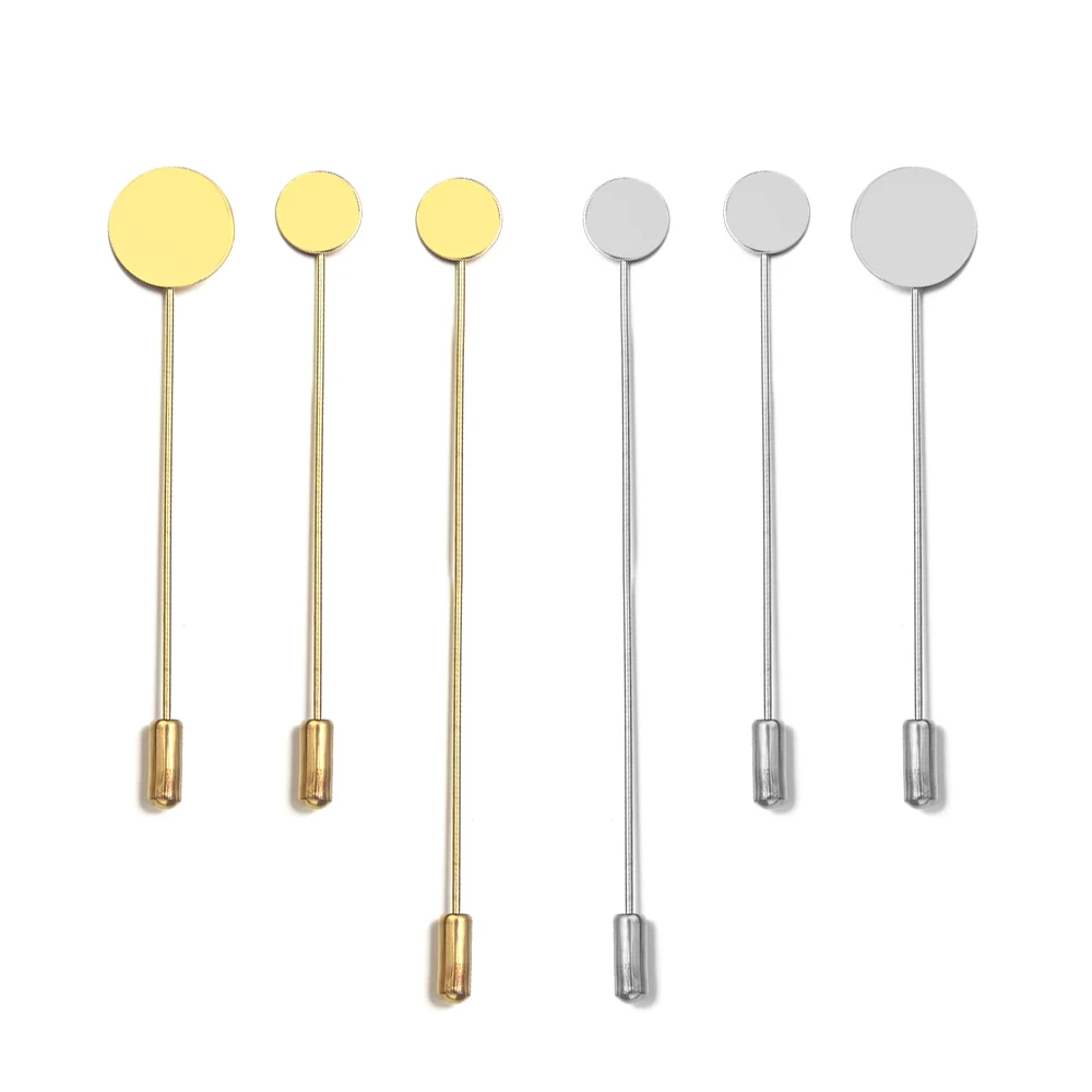 10pcs Gold Copper Long Pin Tone Round Blank Brooch Bases Tray Lapel Stick Brooch Safety Pin Needle for DIY Costume Accessories