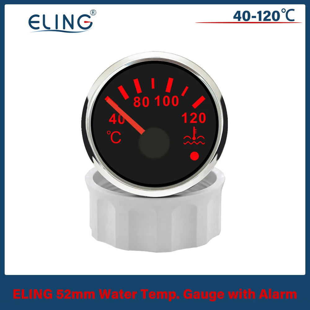 ELING 52mm (2'') Water Temperature Gauge Signal 40-120℃ with Red Backlight and Light Alarm 12V 24V for Car Marine Boat RV