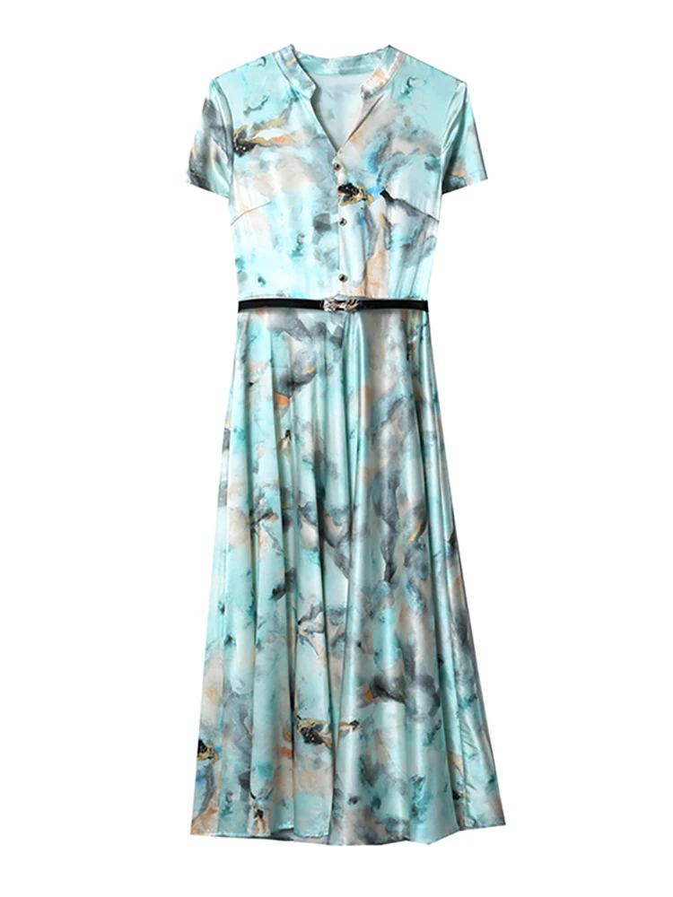 Zomerprint Zijde Satijn Korte Mouw V-Hals Midi Jurk 2024 Elegante Luxe Feestjurk Voor Vrouwen Chique Koreaanse Casual Maxi Jurken