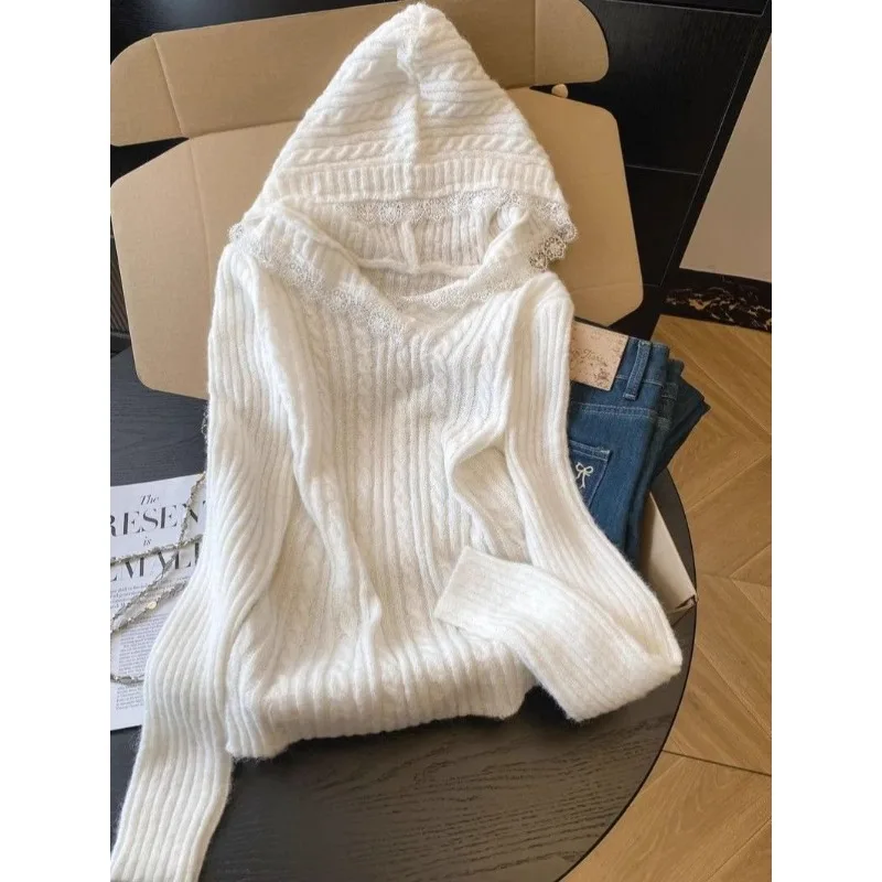 Lace Splicing Hooded Knitted Sweater Women's Beige Thin Autumn And Winter Soft Waxy Lazy Style High-end Long-sleeved Sweater Top
