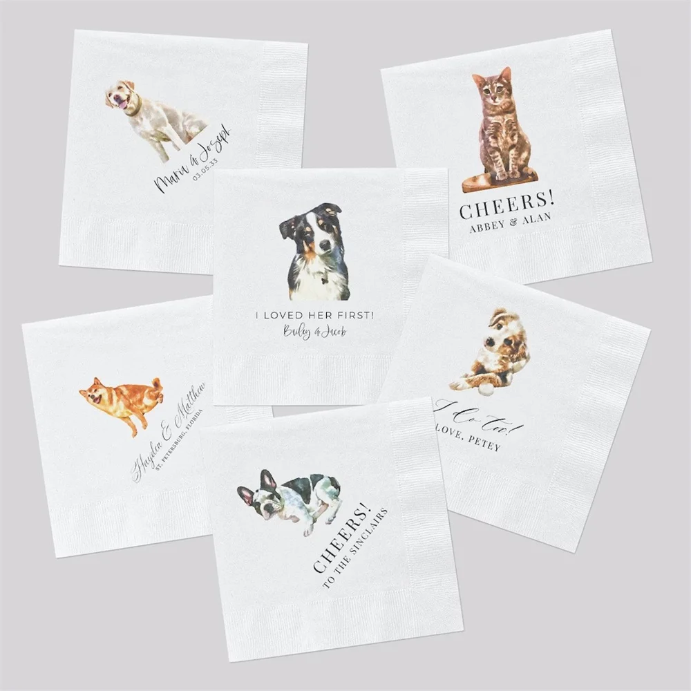 50 PCS Full Color Personalized Pet Wedding Cocktail Napkins, Custom Wedding Napkins, Dog Cocktail Napkins Wedding, Couple Monogr