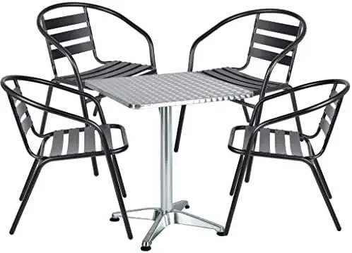 Indoor Outdoor Restaurant Stainless Steel Metal Aluminum Slat Stack Commercial Lightweight, 4 Chairs with a 27.5