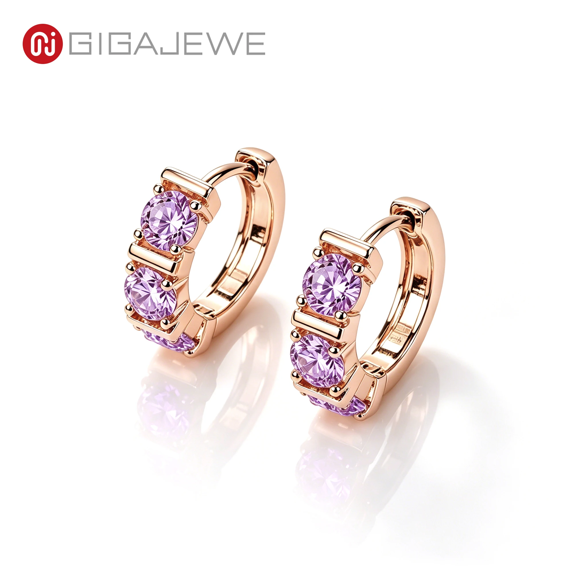GIGAJEWE 1.8CT 4mm Three Stone Moissanite Hoop Earrings 925 Sterling Silver Rose Gold Plated Rainbow Huggie Earrings