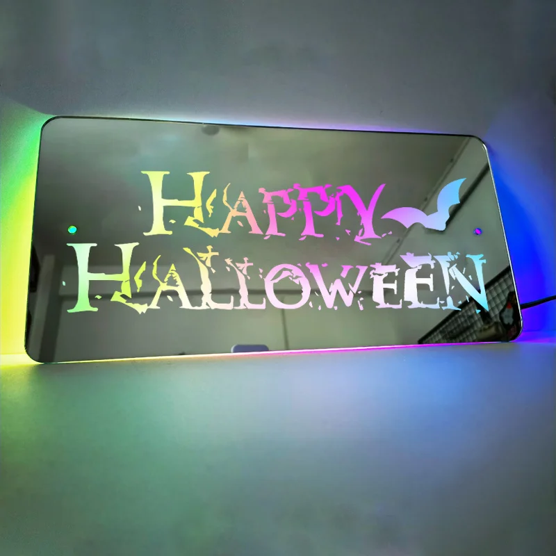 Essential for Halloween Horror Ambiance! Colorful LED Illuminated Ghost Mirror, Whimsical Decorative Magic Mirror