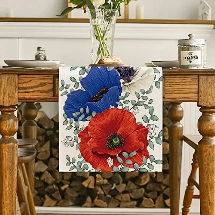 Patriotic Linen Table Runners Dresser Scarves Poppy Eucalyptus Table Runners Independence Day Holiday Table Decor