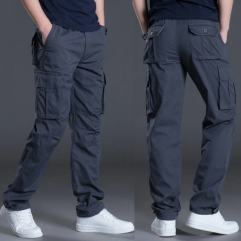 American style Fashion Men’s Multi Pockets Simple Basic Casual Trendy Plus Size Cotton Cargo Loose Trousers Male Clothes Pants
