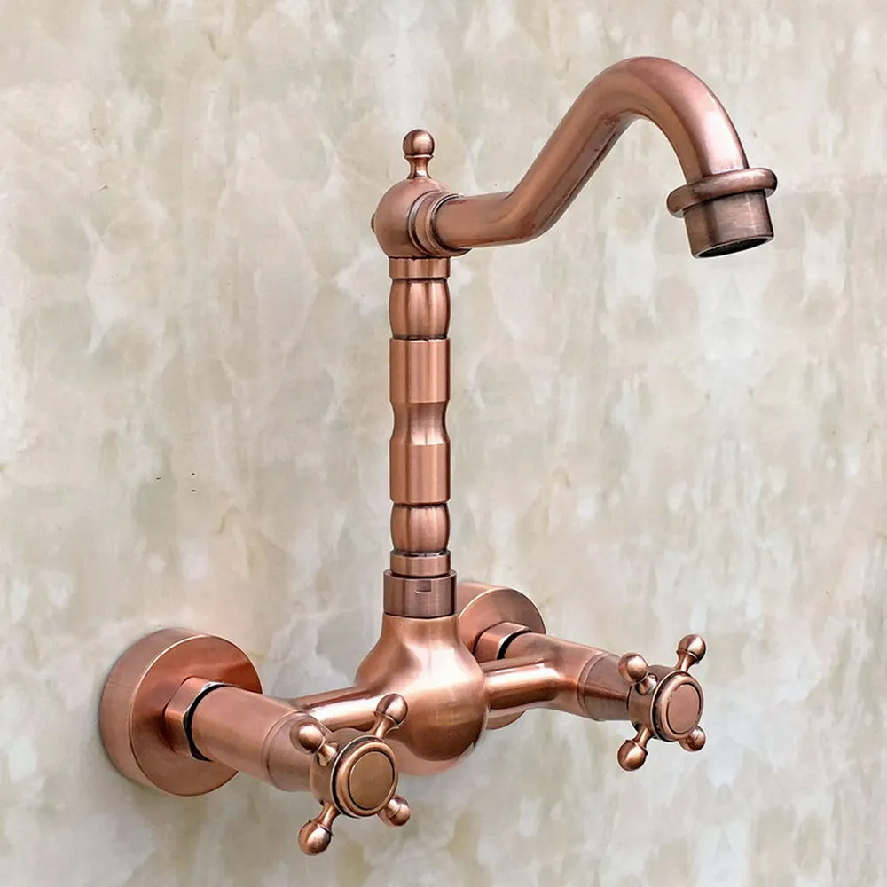 Antique Red Copper Wall Mounted Swivel Spout Bathroom Sink Faucet Double Handle Mixer Tap Wall Mounted zrg031